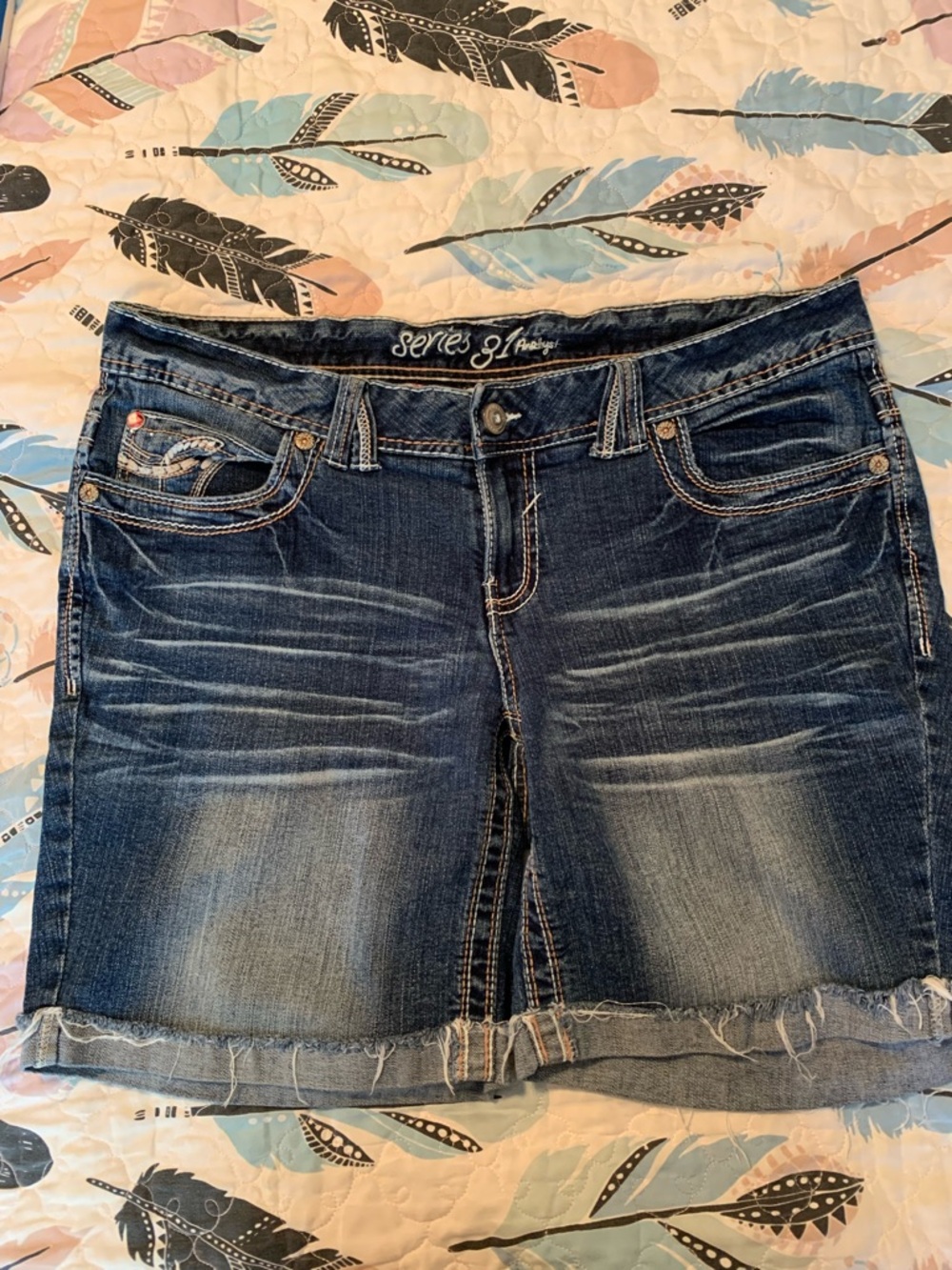 Womens Rolled Cuff Denim Shorts With Whiskering